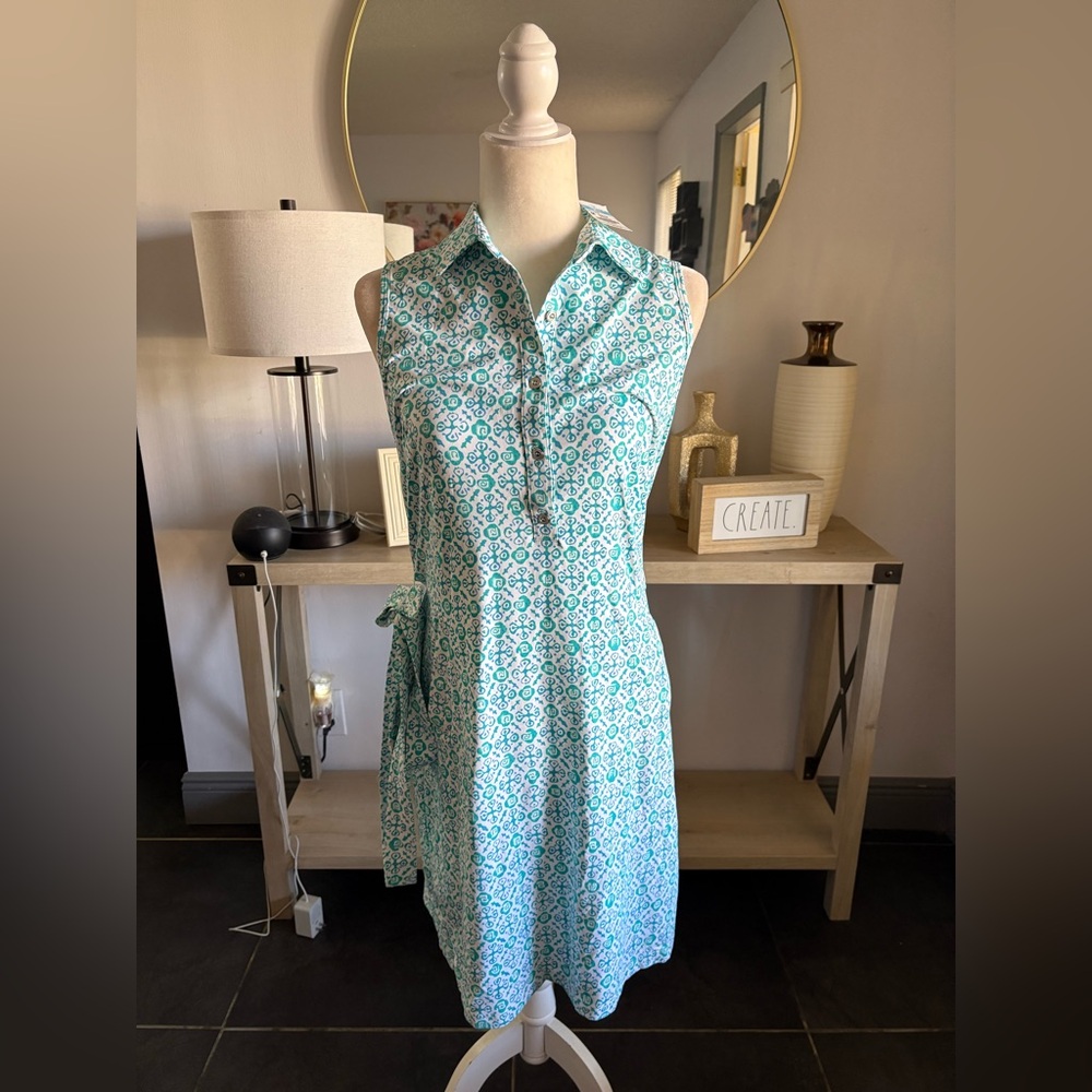 J.McLaughlin Dolly Dress Women’s Medium White Aqua Print Sleeveless Collared NWT